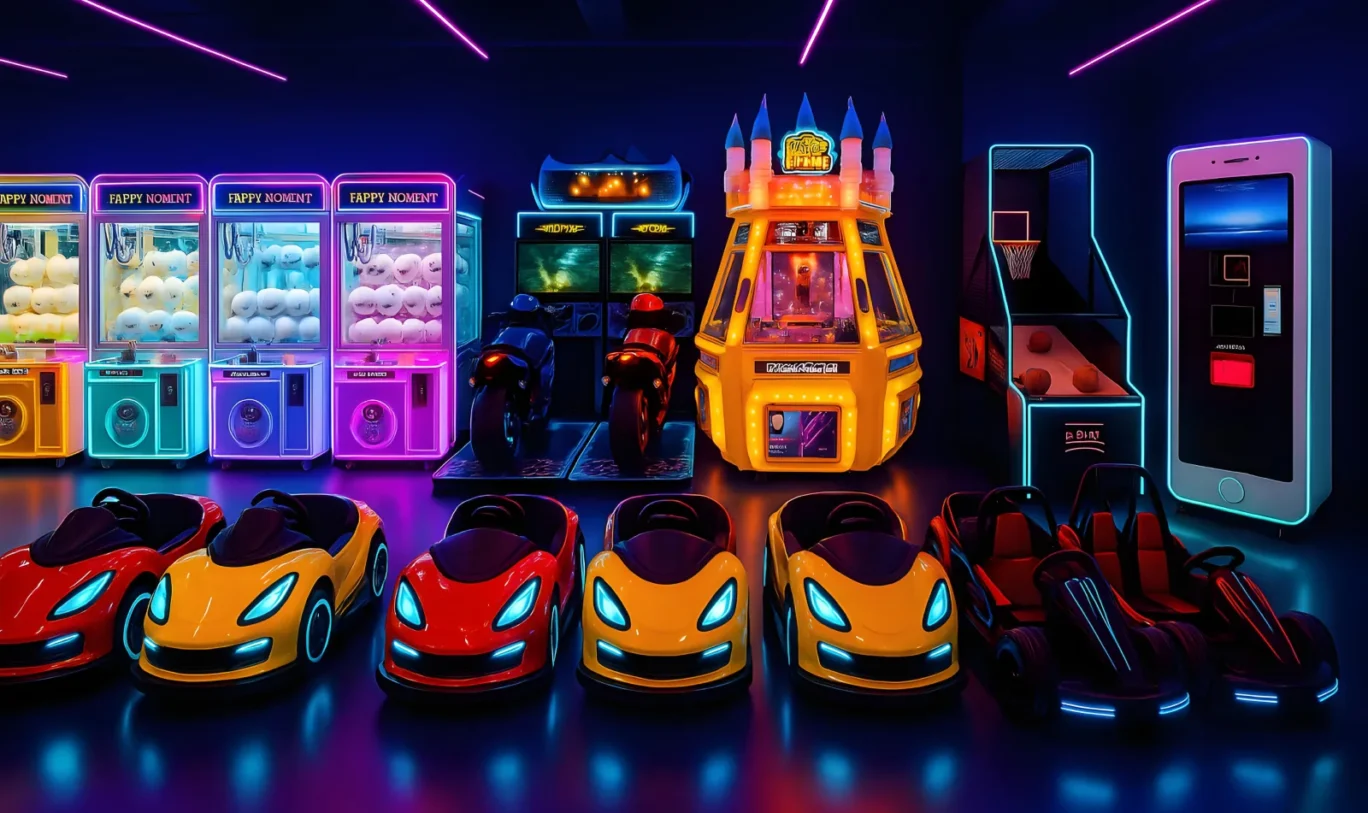 Neon-lit indoor arcade with a row of kids’ ride-on cars and go-karts in front; behind are claw machines, motorcycle racers, a castle-themed redemption game, a basketball hoop game, and a giant phone-shaped kiosk.