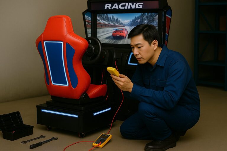Technician in blue coveralls crouches beside an arcade racing cabinet, testing wires with a digital multimeter; toolbox and hand tools on the floor, red-blue seat and screen show a red car racing on a snowy track.