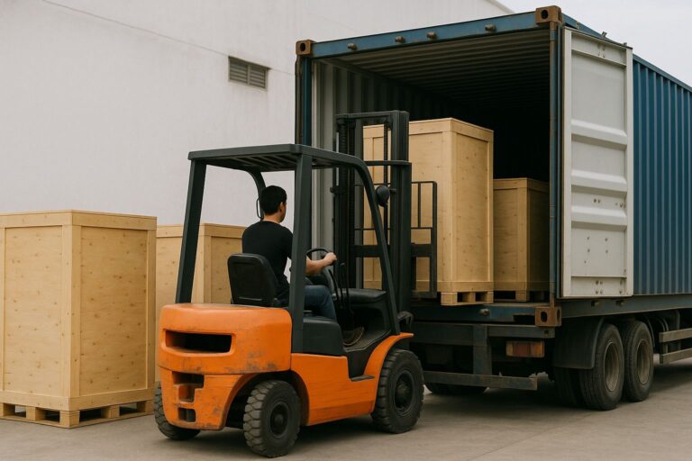 Worker driving an orange forklift loading wooden crates into a shipping container on a truck at a warehouse.