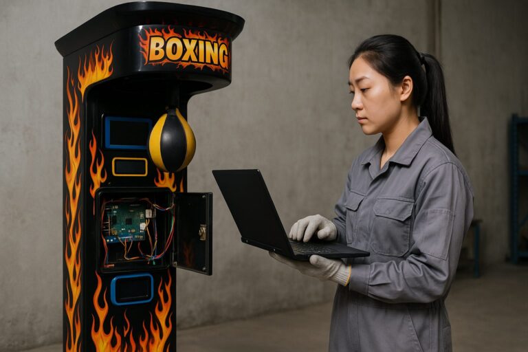 Female technician in gray coveralls using a laptop to service a tall boxing arcade machine with flame graphics; access panel open showing circuit board.