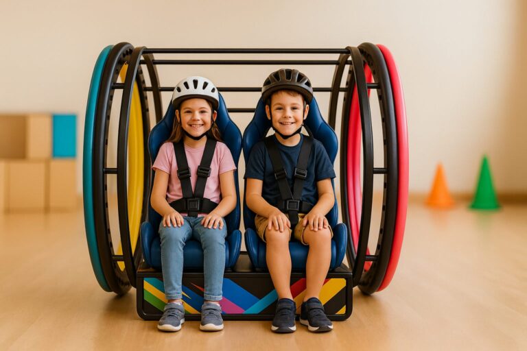Kids in a dual-ring 360 rolling car with helmets.