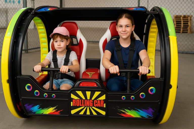 Two kids riding a 360 rolling car with seatbelts indoors