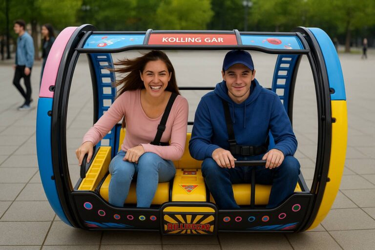 Smiling man and woman in a colorful 360° rolling car on an outdoor plaza, wearing seatbelts.