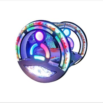 Studio product shot, front-right angle of the LED gyro car
