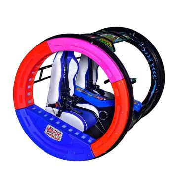 Two-seat electric rolling car amusement ride in red/blue, front angle
