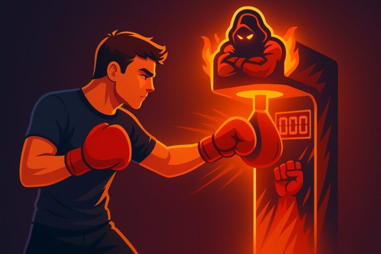 Close-up snap punch hitting a glowing boxing arcade bag.