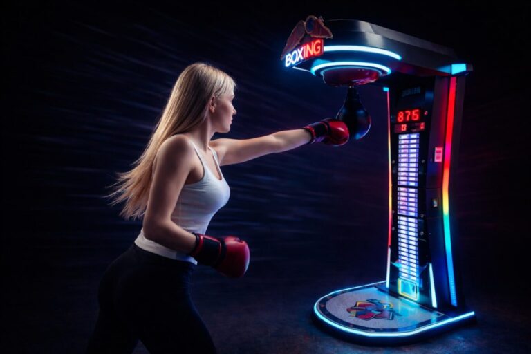 Fair-skinned woman punching a glowing boxing arcade machine