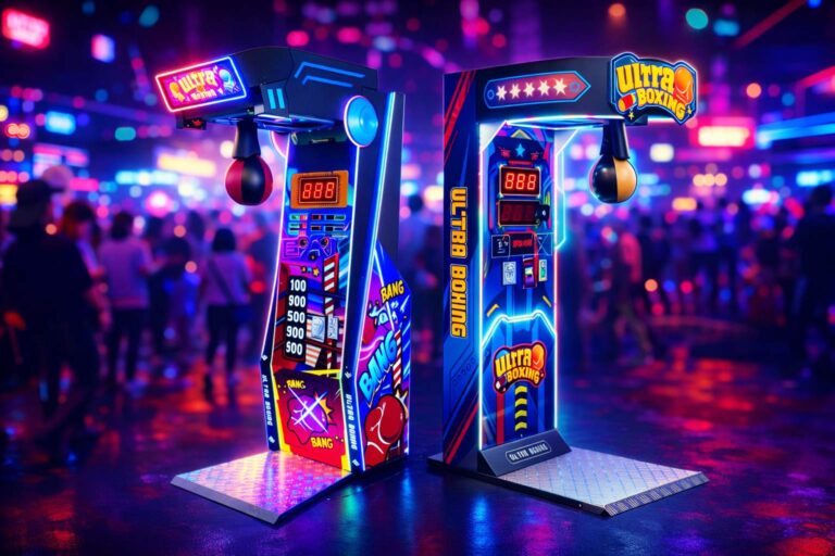Two ultra boxing arcade machines in a dark neon high-traffic venue