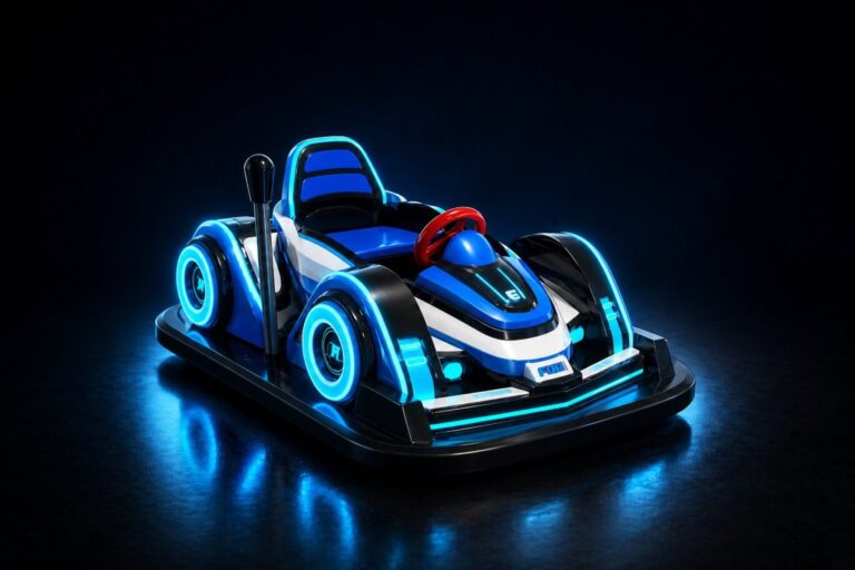 A sleek blue and white bumper car featuring bright cyan neon accents and a compact, modern design.