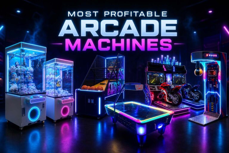 Most profitable arcade machines with neon glowing arcade equipment