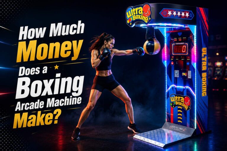 Woman using a commercial boxing arcade machine